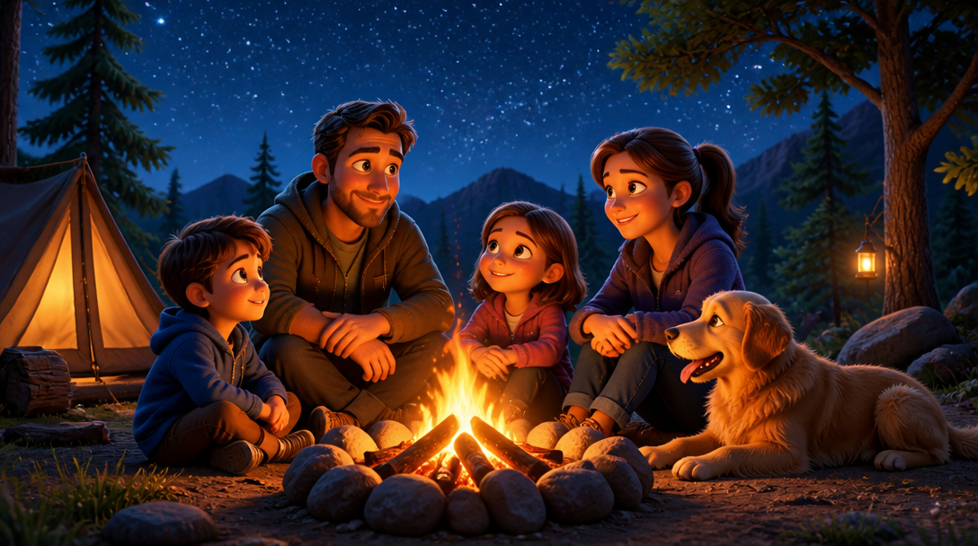 A family gathered around a campfire under the stars
