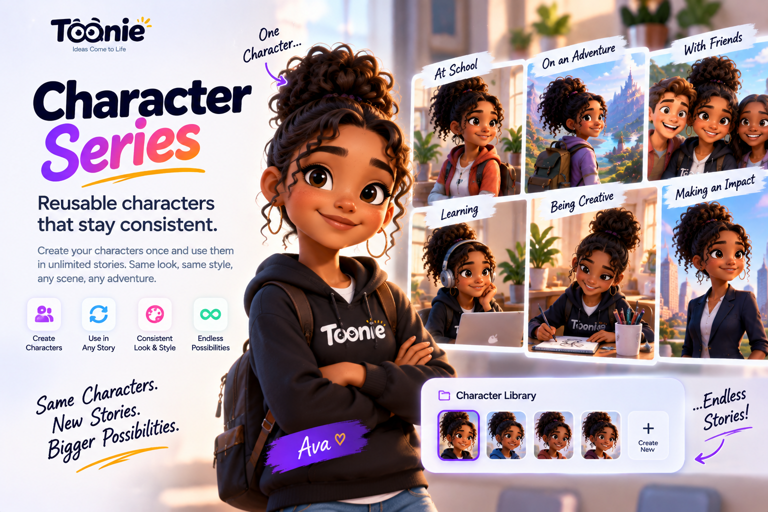 A confident animated character shown in many story situations