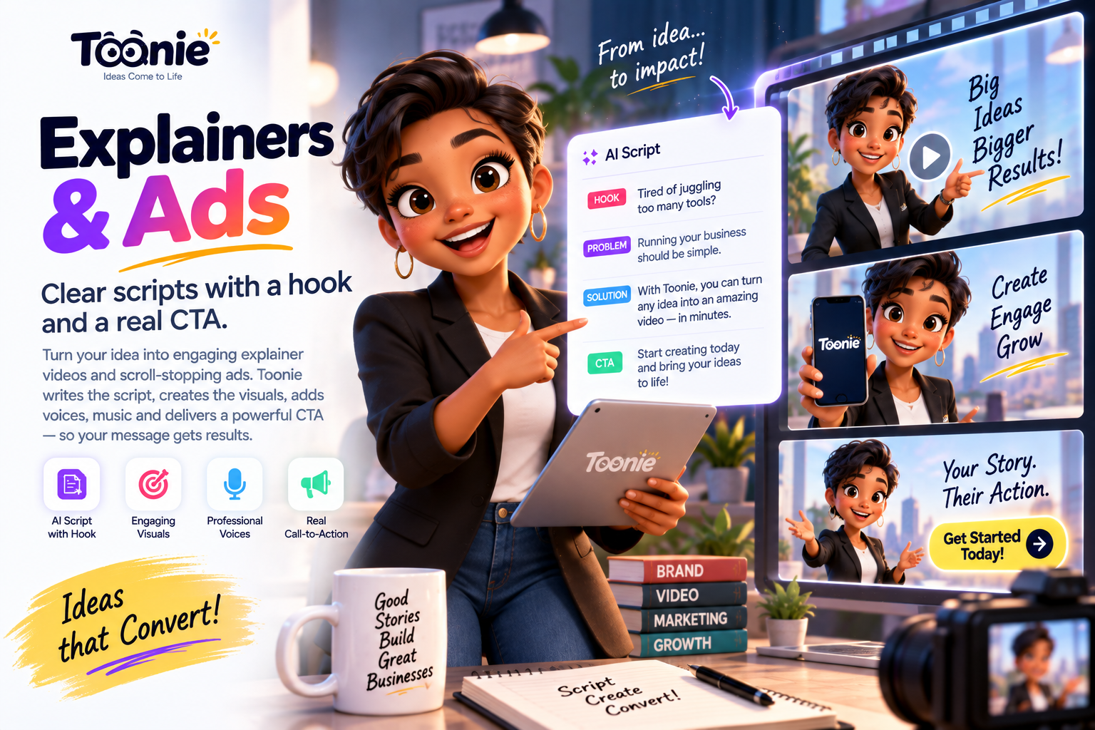A presenter pointing to an explainer video storyboard