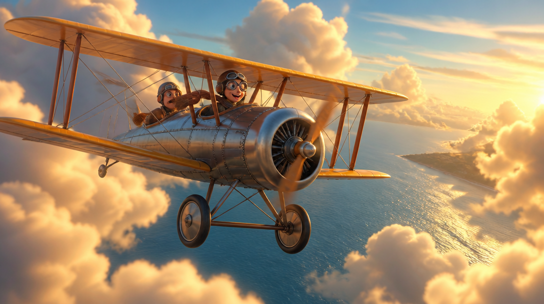 A vintage biplane flying over the ocean