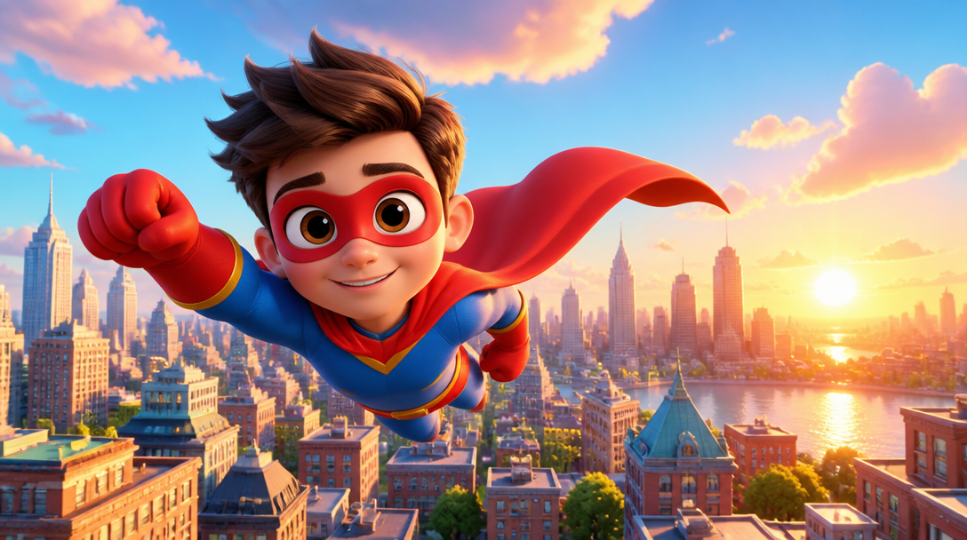 A superhero kid flying over a cartoon city