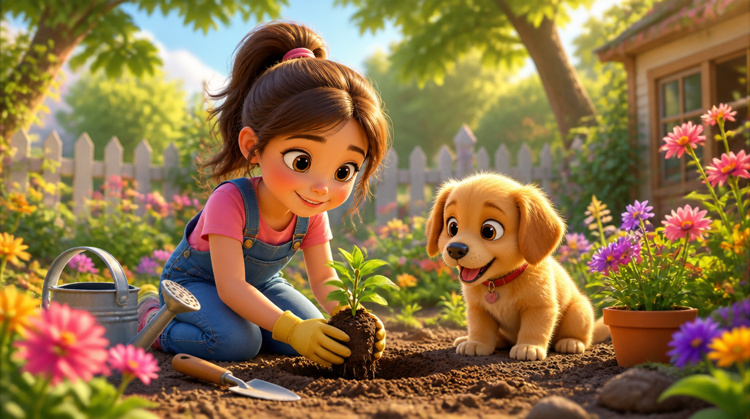A girl planting a seedling with her puppy