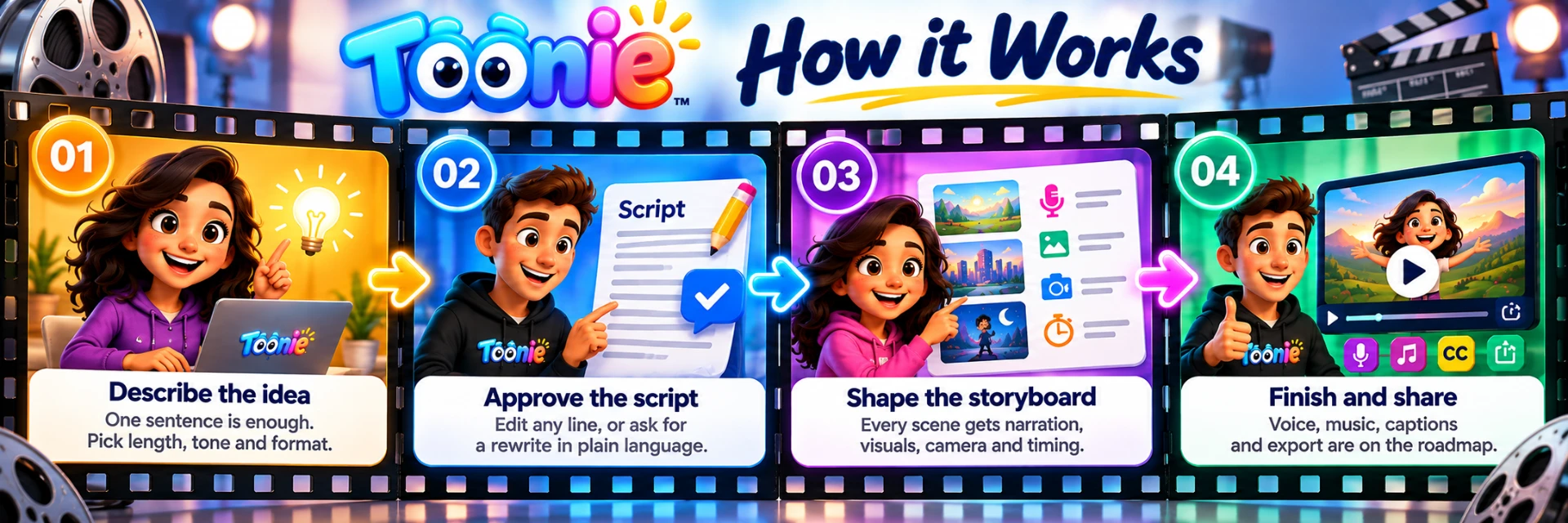 Four-step Toonie workflow: describe the idea, approve the script, shape the storyboard, finish and share