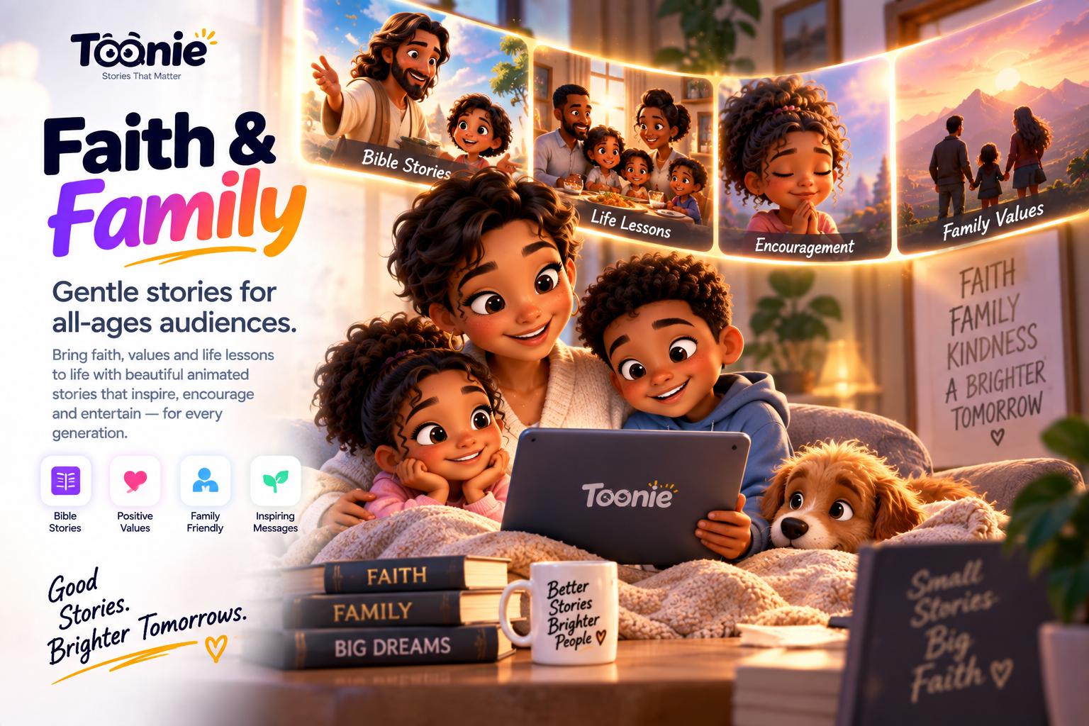 A family watching gentle faith-inspired animated stories together
