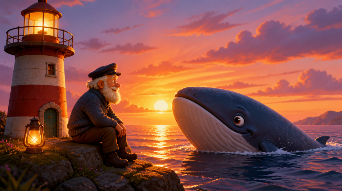 A lighthouse keeper meeting a friendly whale at sunset