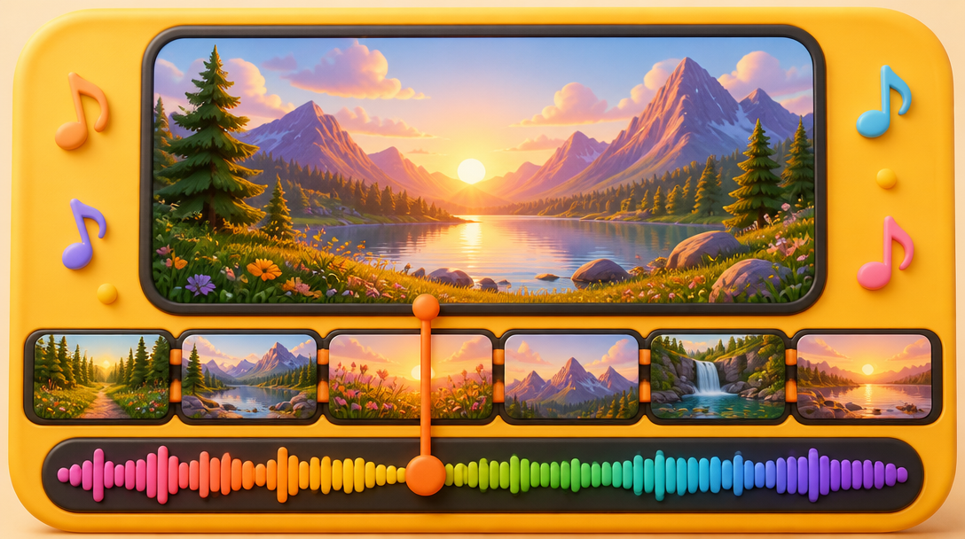 Friendly timeline editor with scene thumbnails and waveform