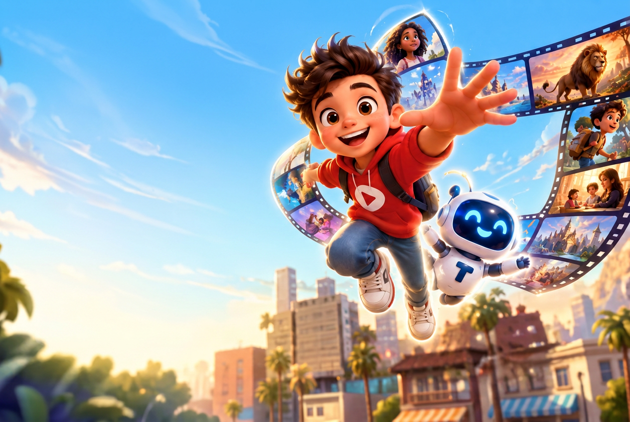 Animated character flying through glowing film strips of story scenes
